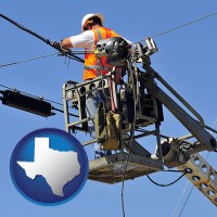 texas map icon and an electric company worker